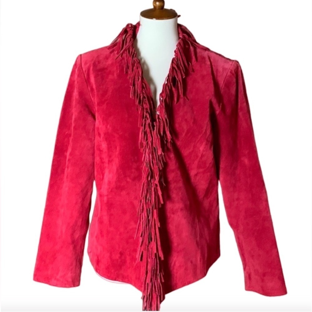 Dialogue red suede leather jacket with fringe detail Size Medium